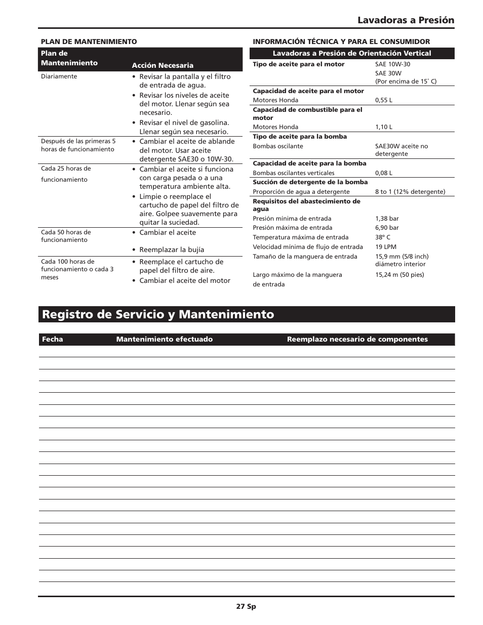 Registro de servicio y mantenimiento, Lavadoras a presión | Campbell Hausfeld IN469403AV User Manual | Page 27 / 32