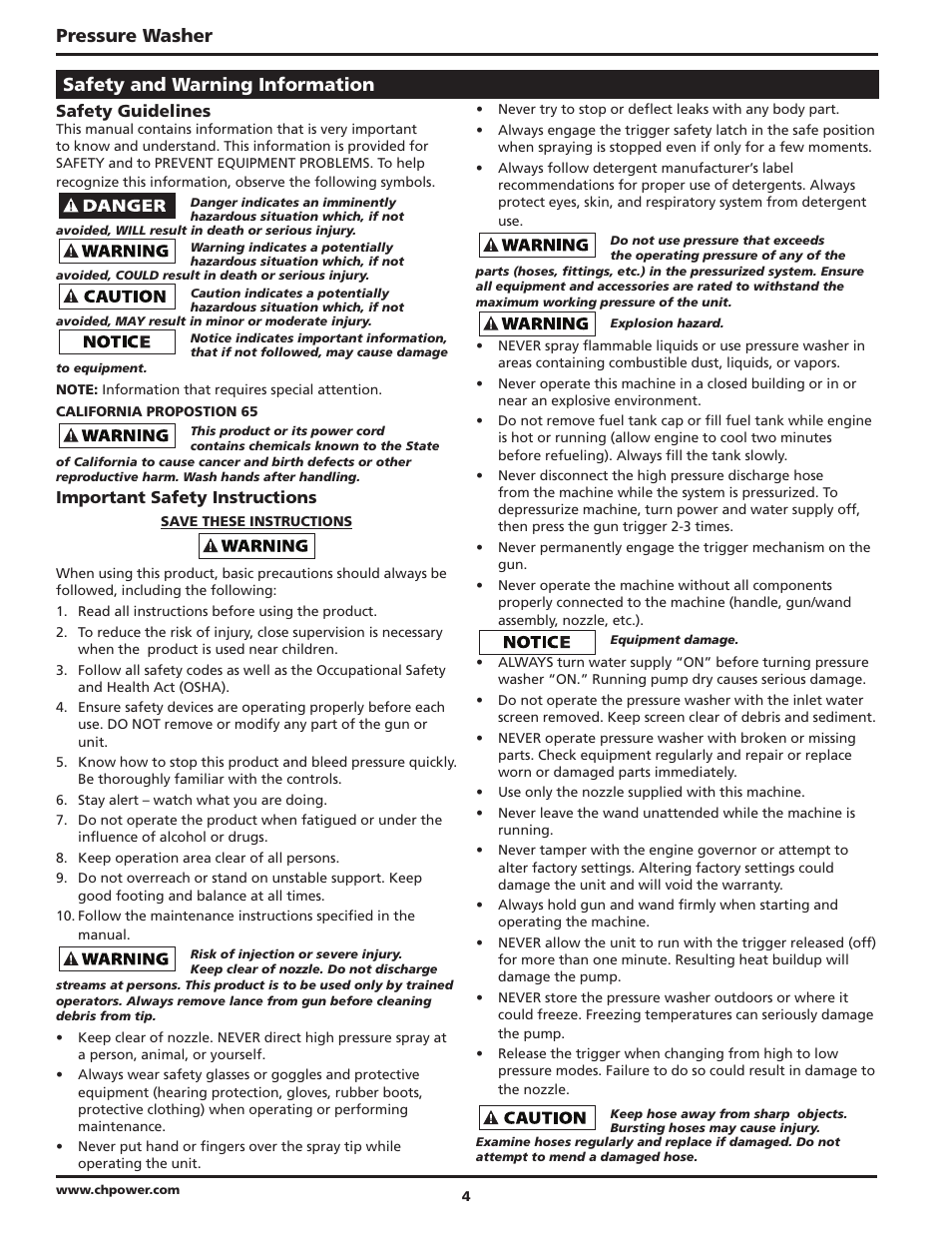 Pressure washer, Safety and warning information, Safety guidelines | Important safety instructions | Campbell Hausfeld IN469403AV User Manual | Page 4 / 32