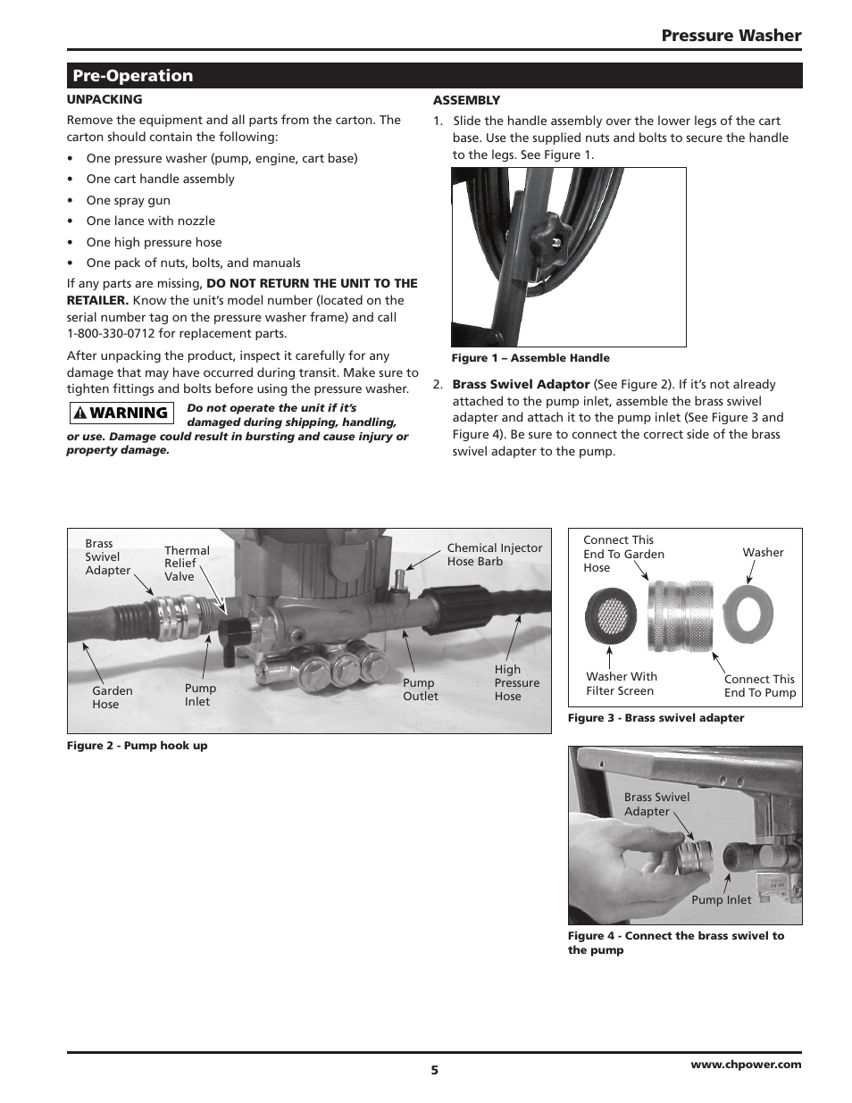 Pressure washer, Pre-operation | Campbell Hausfeld IN469403AV User Manual | Page 5 / 32