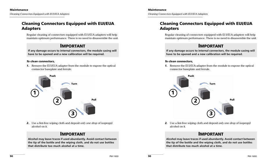 Cleaning connectors equipped with eui/eua adapters, Mportant | EXFO PM-1600 High-Speed Power Meter User Manual | Page 100 / 162