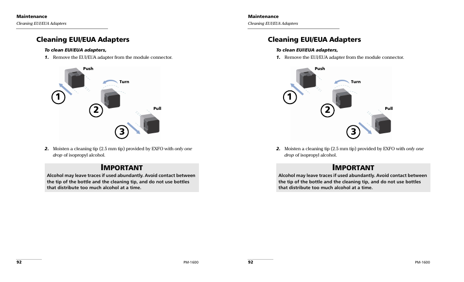 Cleaning eui/eua adapters, Mportant | EXFO PM-1600 High-Speed Power Meter User Manual | Page 102 / 162