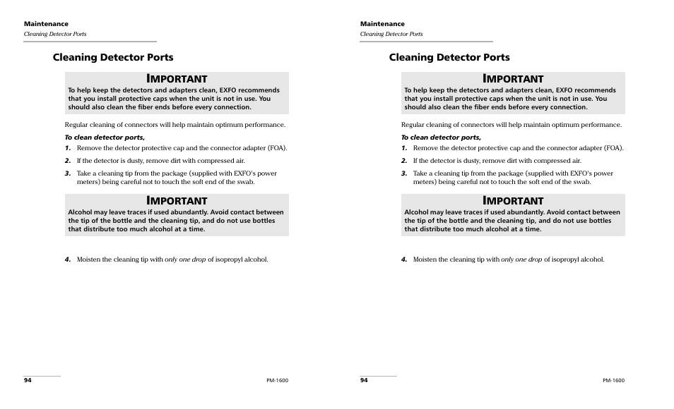 Cleaning detector ports, Mportant | EXFO PM-1600 High-Speed Power Meter User Manual | Page 104 / 162