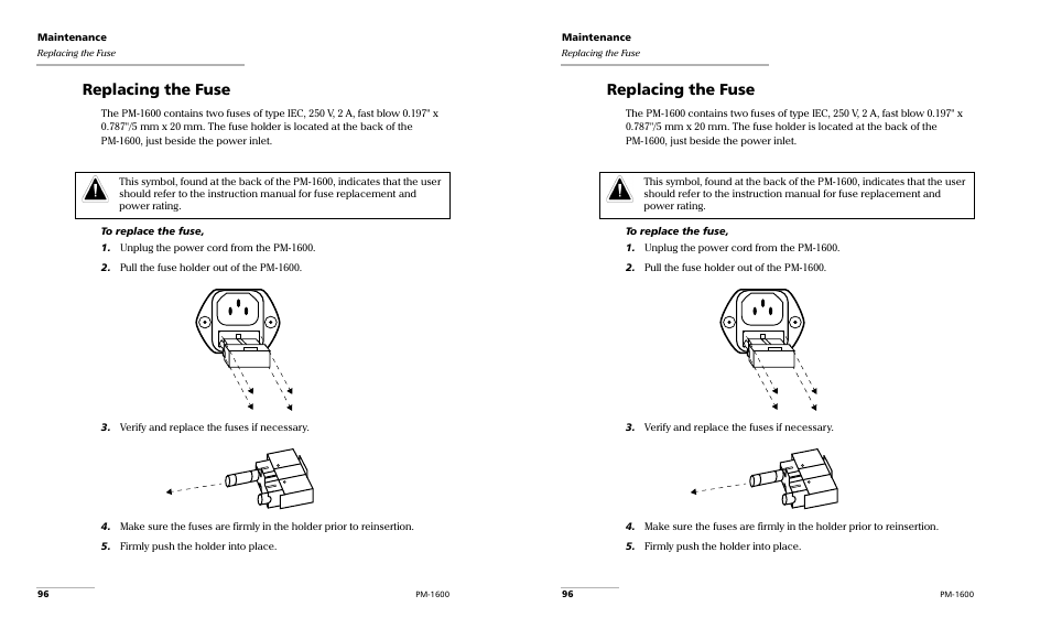 Replacing the fuse | EXFO PM-1600 High-Speed Power Meter User Manual | Page 106 / 162