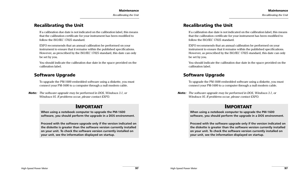 Recalibrating the unit, Software upgrade, Mportant | EXFO PM-1600 High-Speed Power Meter User Manual | Page 107 / 162