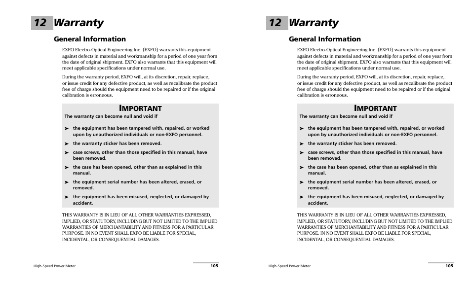 12 warranty, General information, Mportant | EXFO PM-1600 High-Speed Power Meter User Manual | Page 115 / 162