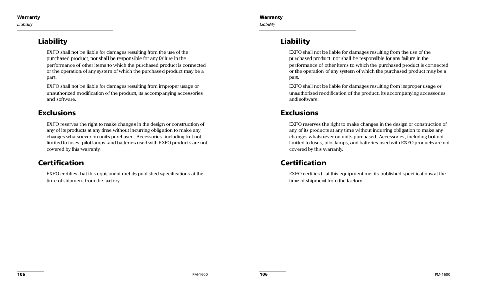 Liability, Exclusions, Certification | EXFO PM-1600 High-Speed Power Meter User Manual | Page 116 / 162