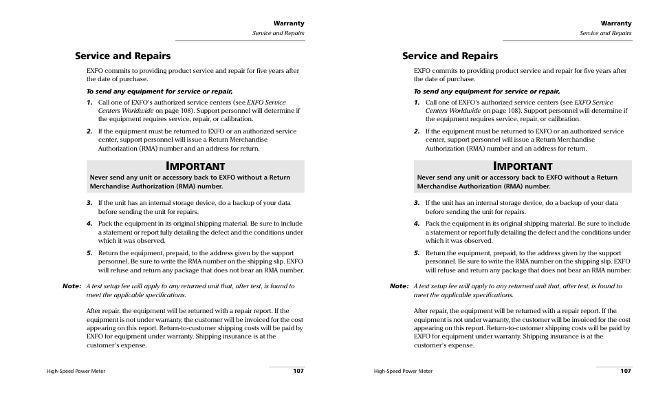 Service and repairs, Mportant | EXFO PM-1600 High-Speed Power Meter User Manual | Page 117 / 162