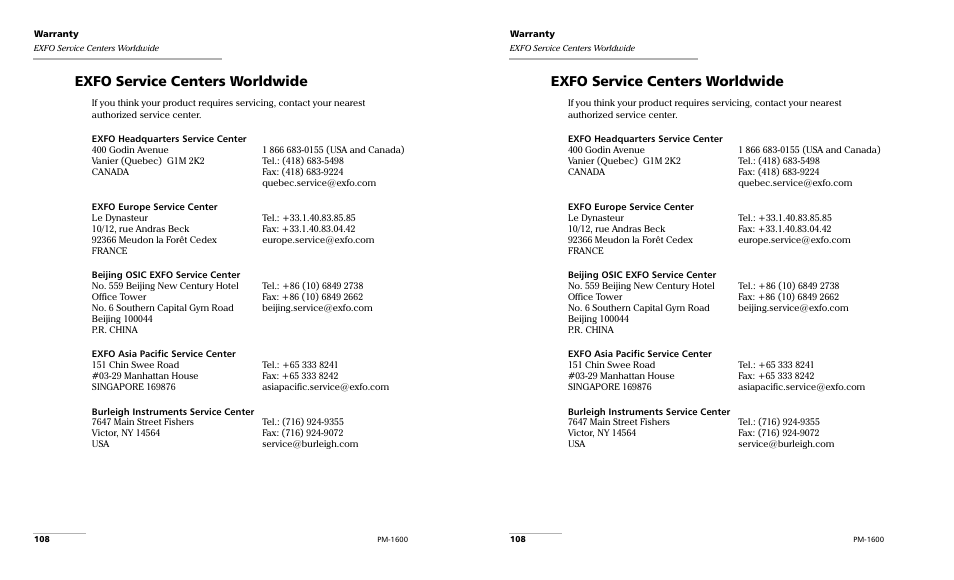 Exfo service centers worldwide | EXFO PM-1600 High-Speed Power Meter User Manual | Page 118 / 162