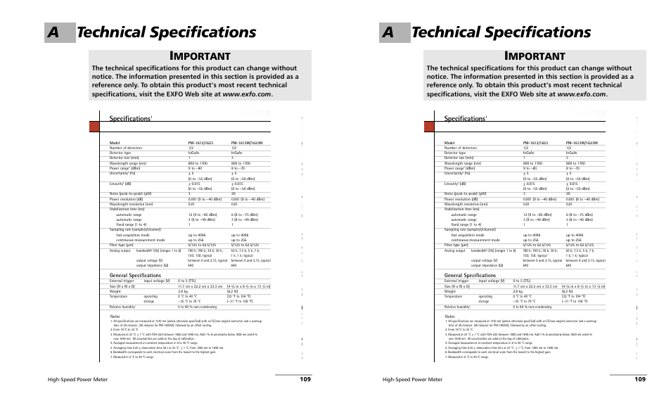 A technical specifications, Mportant, Specifications | Orderin, General specifications, Standard, Mt-rj co | EXFO PM-1600 High-Speed Power Meter User Manual | Page 119 / 162