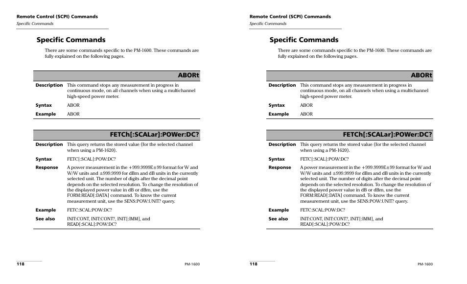 Specific commands, Abort, Fetch[:scalar]:power:dc | EXFO PM-1600 High-Speed Power Meter User Manual | Page 128 / 162