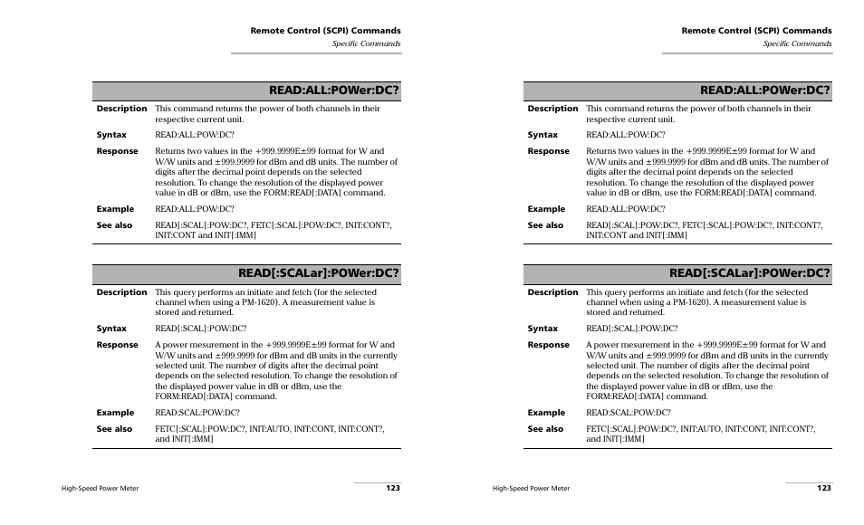 Read:all:power:dc, Read[:scalar]:power:dc | EXFO PM-1600 High-Speed Power Meter User Manual | Page 133 / 162