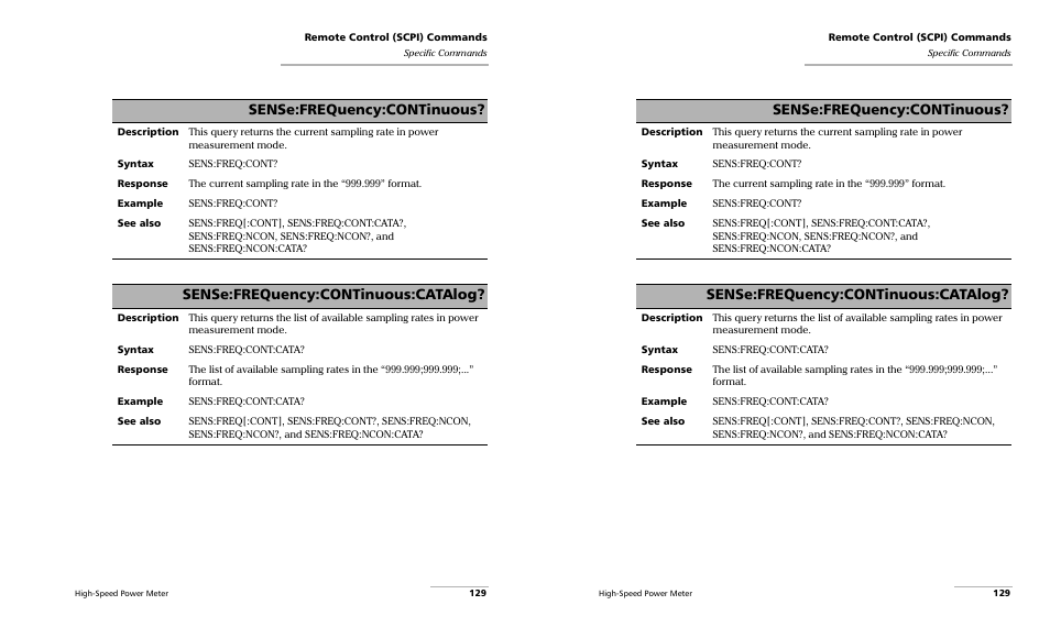 Sense:frequency:continuous, Sense:frequency:continuous:catalog | EXFO PM-1600 High-Speed Power Meter User Manual | Page 139 / 162