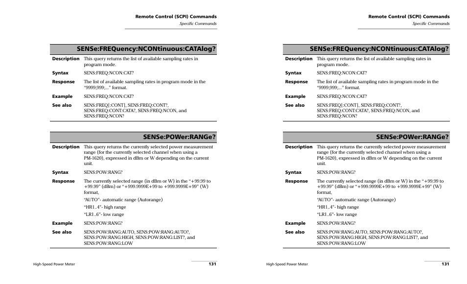 Sense:frequency:ncontinuous:catalog, Sense:power:range | EXFO PM-1600 High-Speed Power Meter User Manual | Page 141 / 162