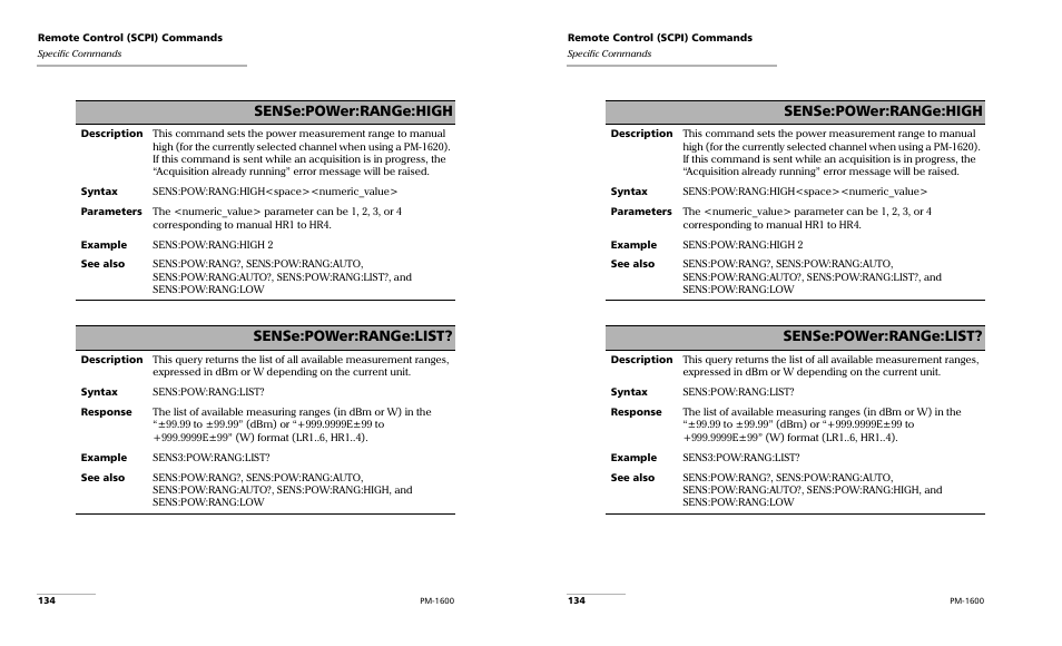 Sense:power:range:high, Sense:power:range:list | EXFO PM-1600 High-Speed Power Meter User Manual | Page 144 / 162