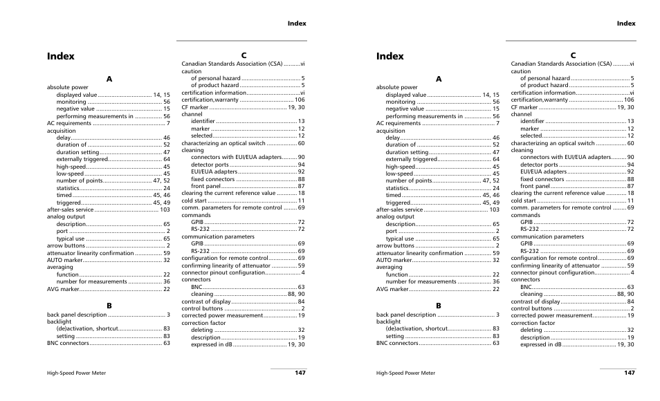 Index | EXFO PM-1600 High-Speed Power Meter User Manual | Page 157 / 162