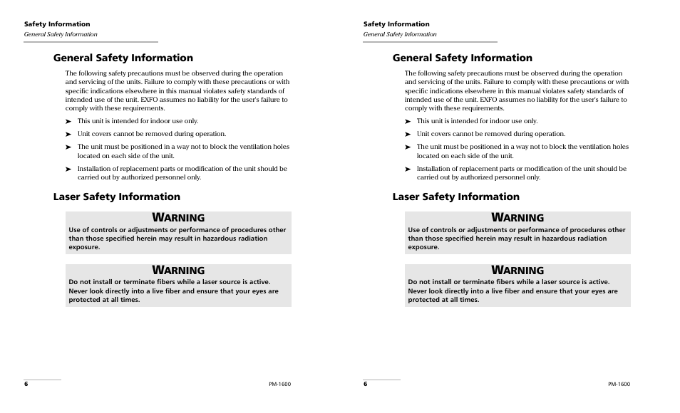 General safety information, Laser safety information, Arning | EXFO PM-1600 High-Speed Power Meter User Manual | Page 16 / 162