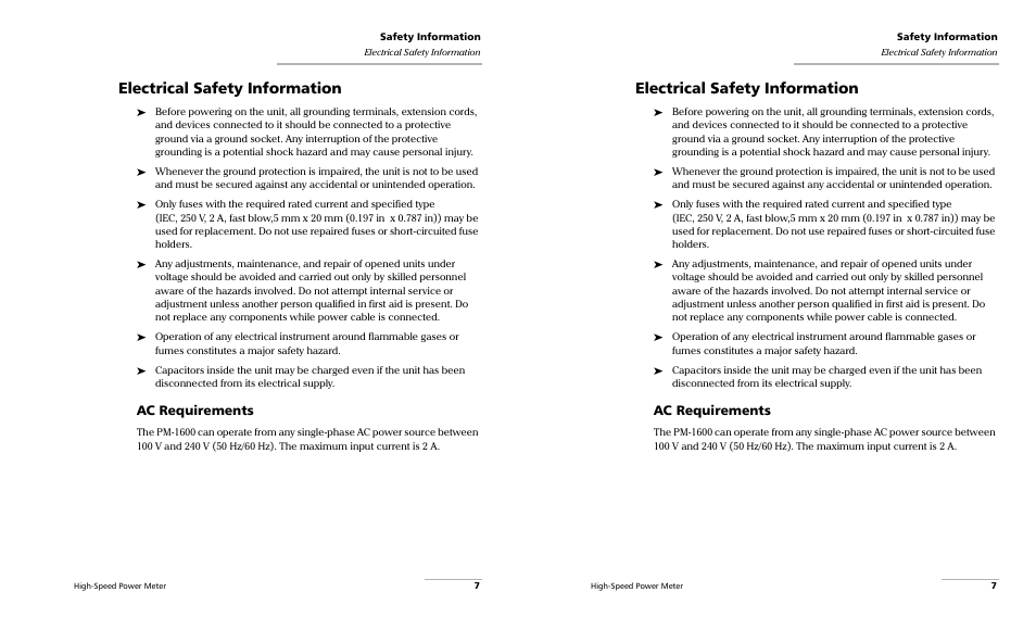 Electrical safety information, Ac requirements | EXFO PM-1600 High-Speed Power Meter User Manual | Page 17 / 162