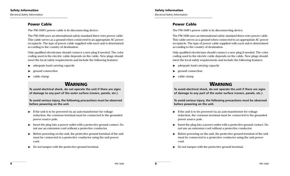 Arning, Power cable | EXFO PM-1600 High-Speed Power Meter User Manual | Page 18 / 162