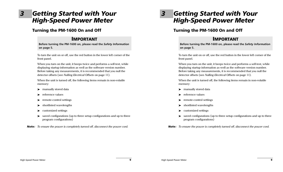 3getting started with your high-speed power meter, Turning the pm-1600 on and off, Mportant | EXFO PM-1600 High-Speed Power Meter User Manual | Page 19 / 162