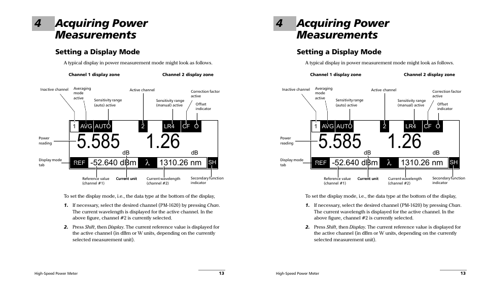 4acquiring power measurements, 640 dbm, Setting a display mode | EXFO PM-1600 High-Speed Power Meter User Manual | Page 23 / 162