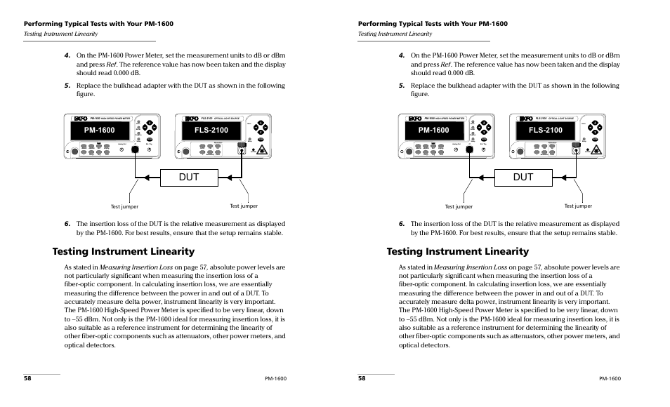 Fls-2100, Performing typical tests with your pm-1600, Testing instrument linearity | Pm-1600, Test jumper | EXFO PM-1600 High-Speed Power Meter User Manual | Page 68 / 162