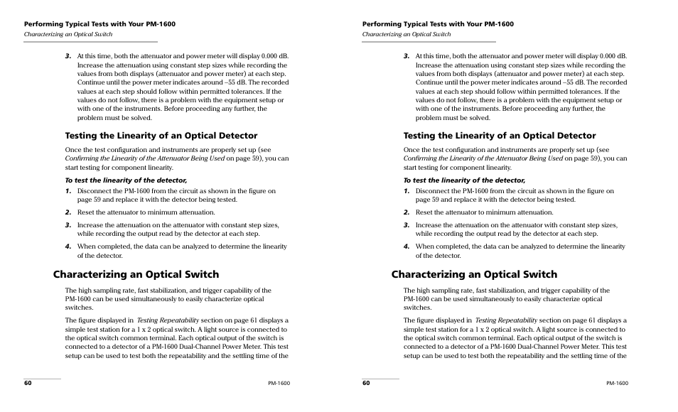 Characterizing an optical switch, Testing the linearity of an optical detector | EXFO PM-1600 High-Speed Power Meter User Manual | Page 70 / 162