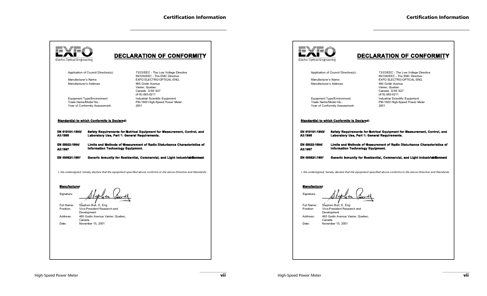 Declaration of conformity, Certification information | EXFO PM-1600 High-Speed Power Meter User Manual | Page 9 / 162