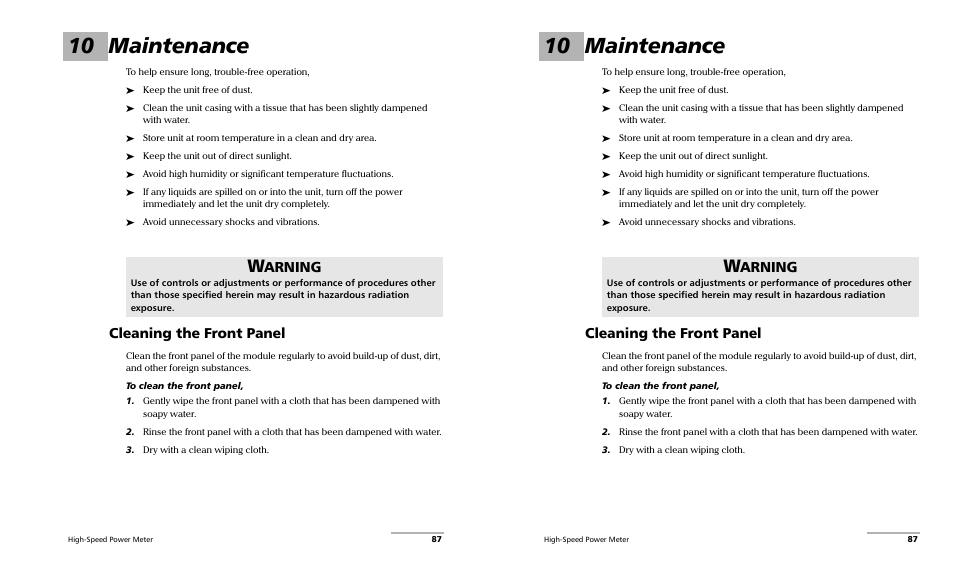 10 maintenance, Cleaning the front panel, Arning | EXFO PM-1600 High-Speed Power Meter User Manual | Page 97 / 162