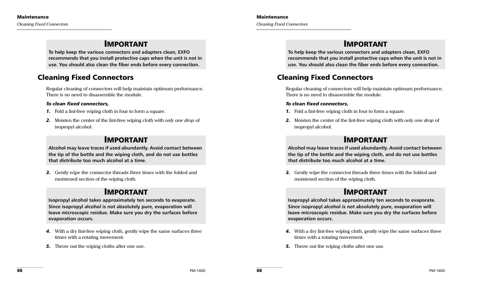 Cleaning fixed connectors, Mportant | EXFO PM-1600 High-Speed Power Meter User Manual | Page 98 / 162