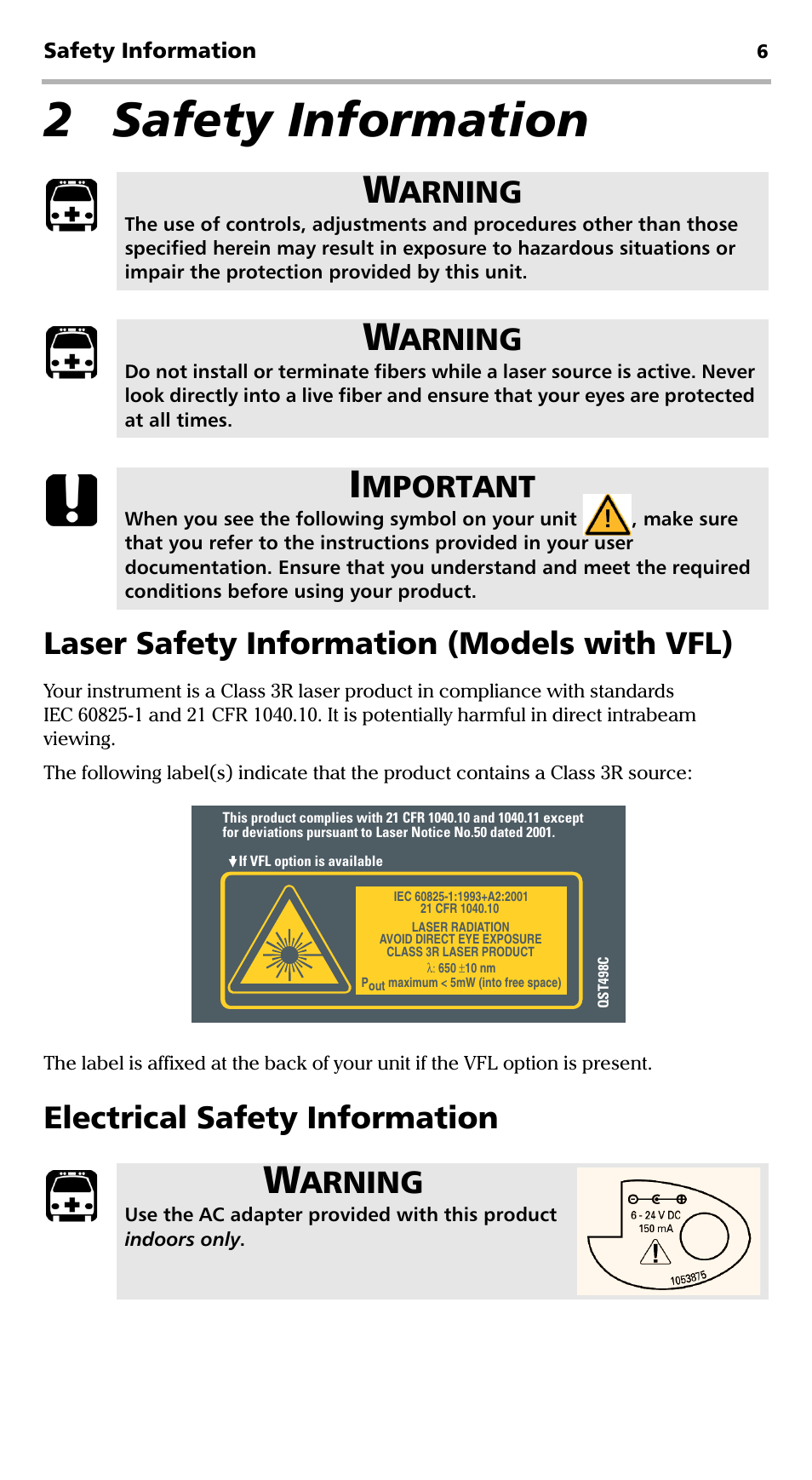 2 safety information, Laser safety information (models with vfl), Electrical safety information | Arning, Mportant | EXFO PPM-350C PON Power Meter User Manual | Page 12 / 47