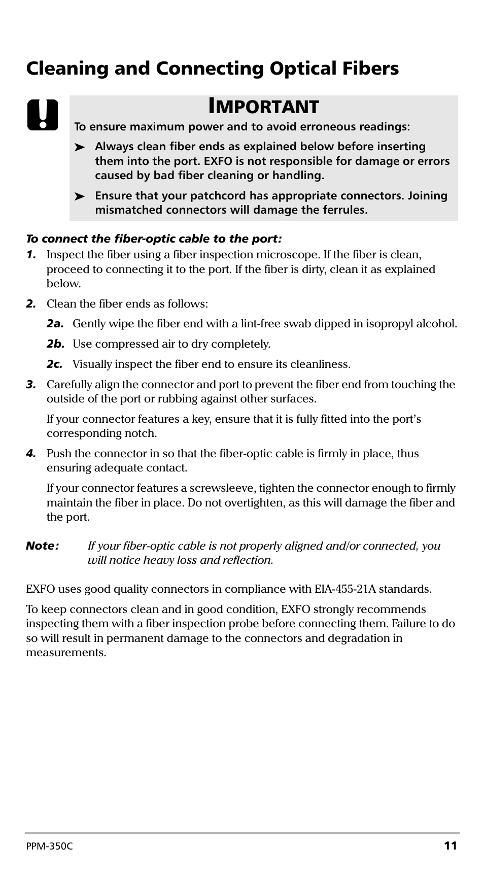 Cleaning and connecting optical fibers, Mportant | EXFO PPM-350C PON Power Meter User Manual | Page 17 / 47