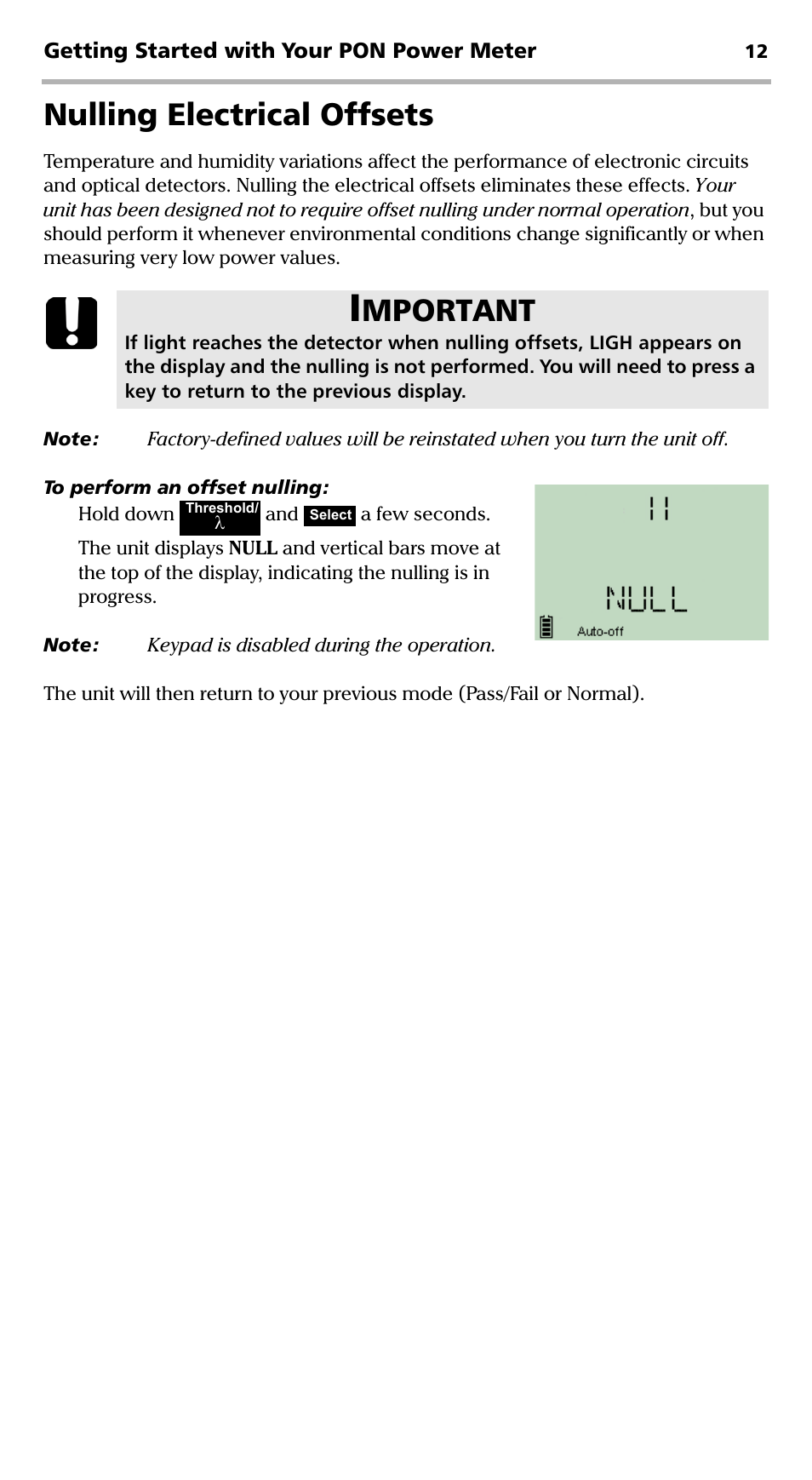 Nulling electrical offsets, Mportant | EXFO PPM-350C PON Power Meter User Manual | Page 18 / 47