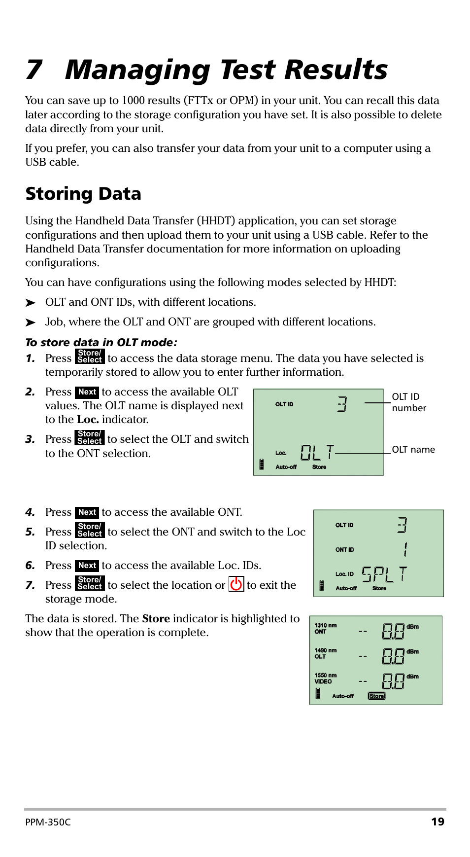 7 managing test results, Storing data, Storing data on | EXFO PPM-350C PON Power Meter User Manual | Page 25 / 47