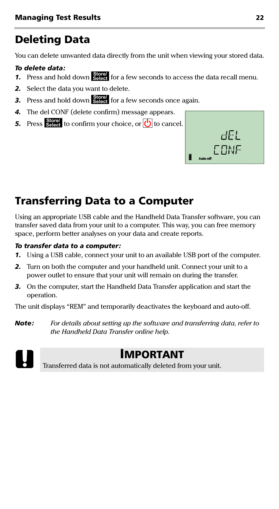 Deleting data, Transferring data to a computer, Deleting data transferring data to a computer | Mportant | EXFO PPM-350C PON Power Meter User Manual | Page 28 / 47