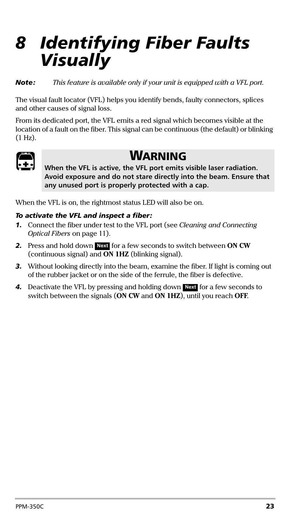 8 identifying fiber faults visually, Arning | EXFO PPM-350C PON Power Meter User Manual | Page 29 / 47