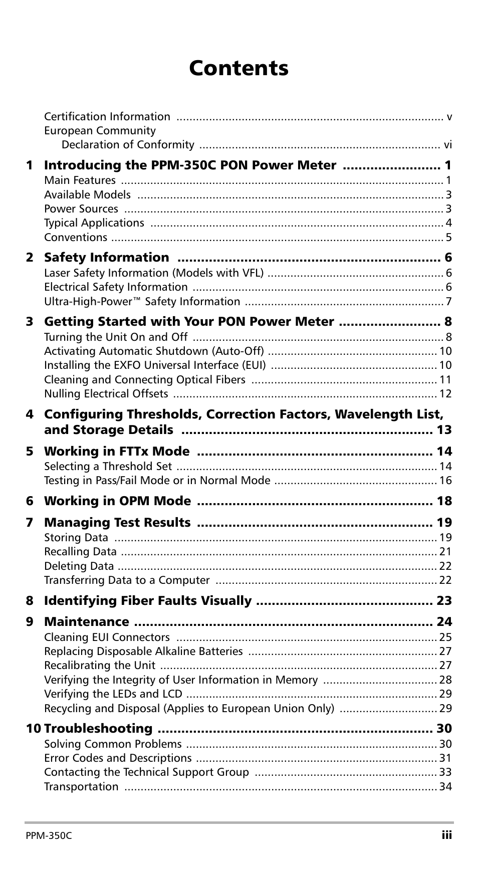 EXFO PPM-350C PON Power Meter User Manual | Page 3 / 47
