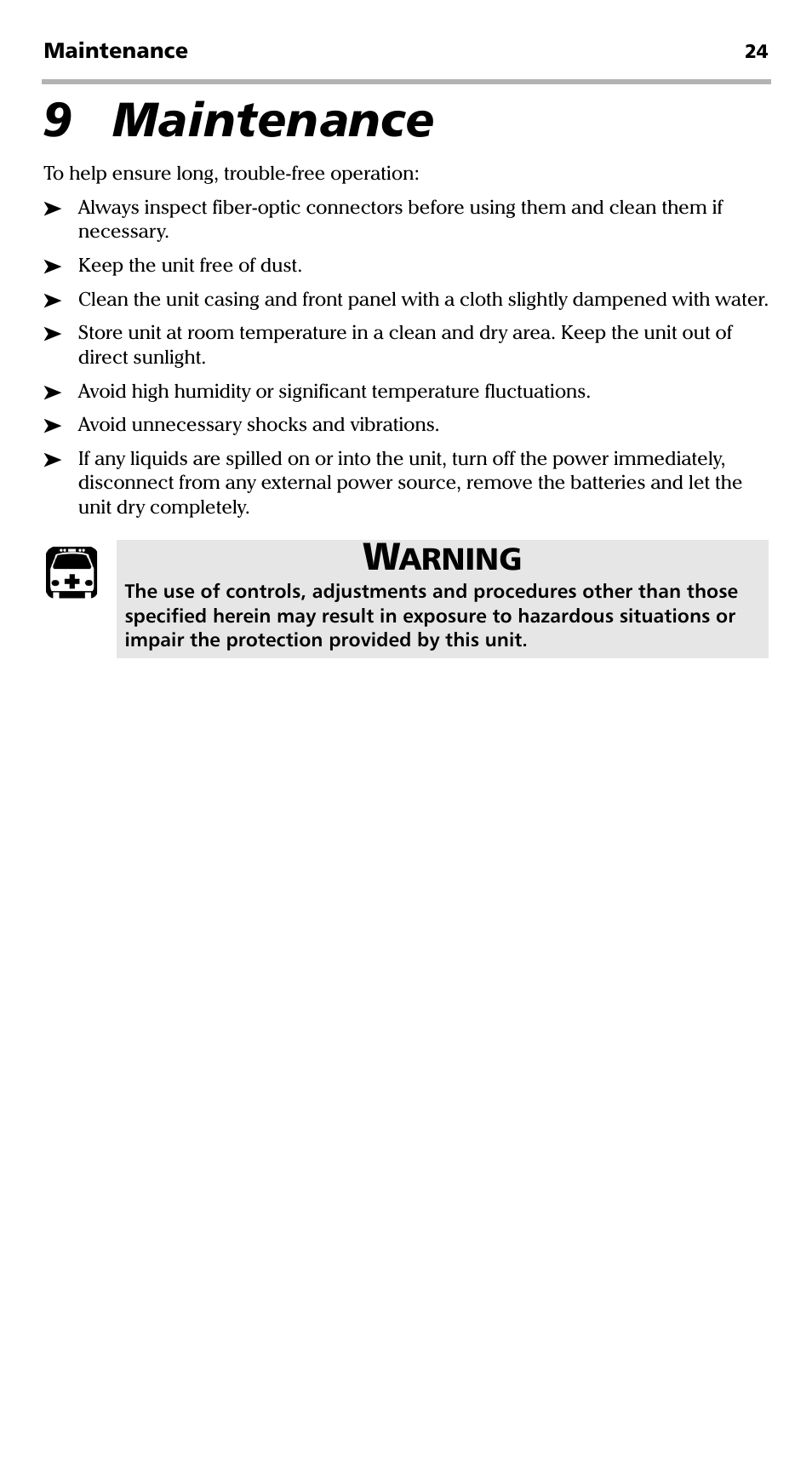 9 maintenance, Arning | EXFO PPM-350C PON Power Meter User Manual | Page 30 / 47