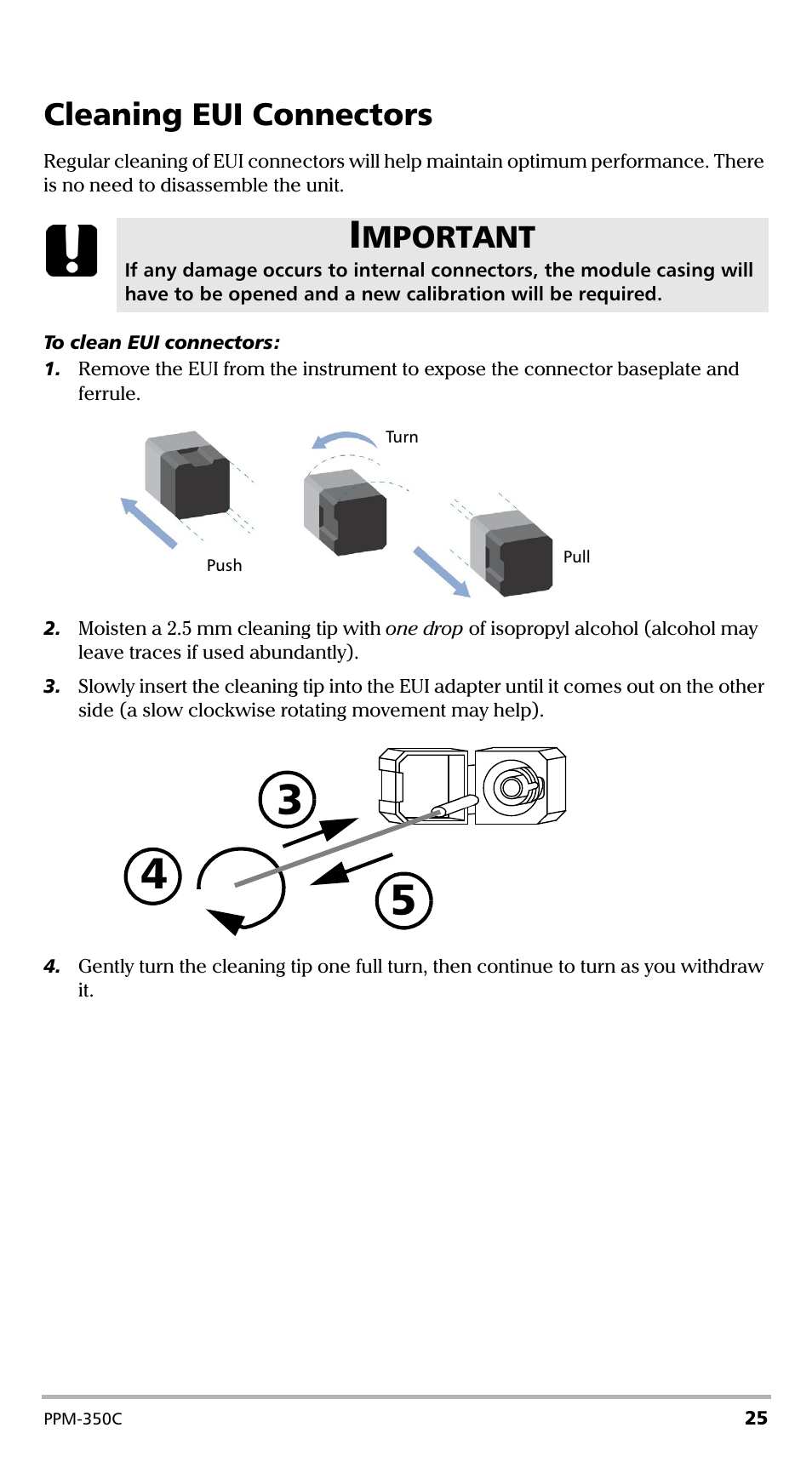 Cleaning eui connectors, Mportant | EXFO PPM-350C PON Power Meter User Manual | Page 31 / 47