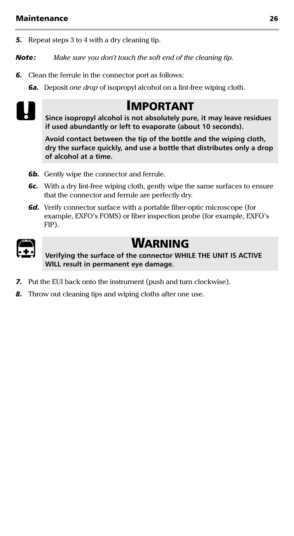 Mportant, Arning | EXFO PPM-350C PON Power Meter User Manual | Page 32 / 47