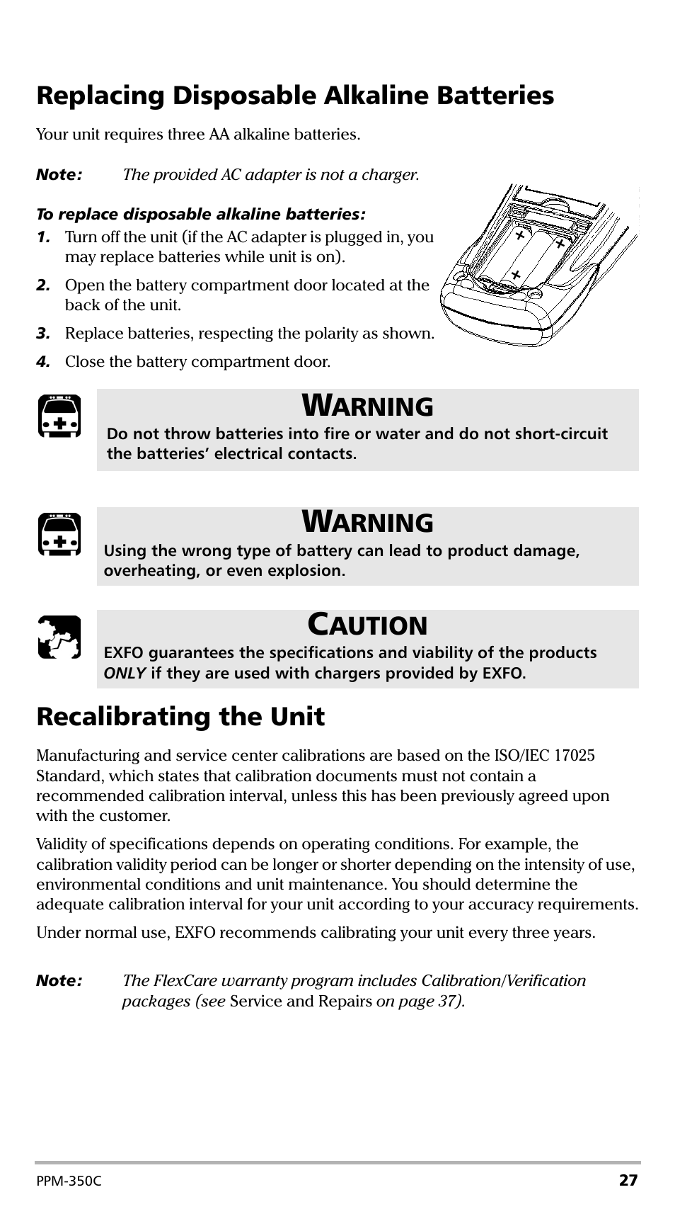 Replacing disposable alkaline batteries, Recalibrating the unit, Arning | Aution | EXFO PPM-350C PON Power Meter User Manual | Page 33 / 47