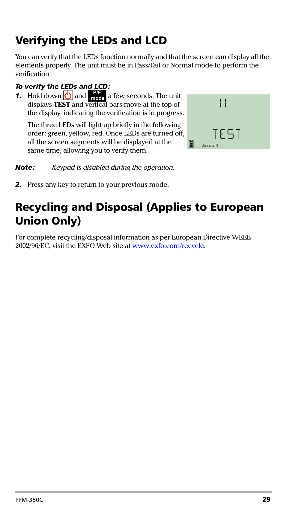 Verifying the leds and lcd | EXFO PPM-350C PON Power Meter User Manual | Page 35 / 47