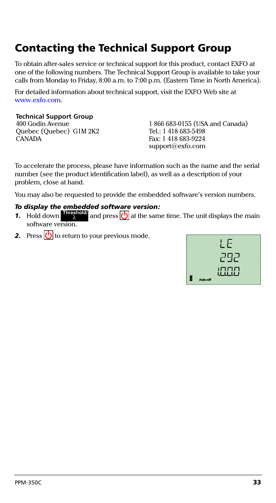 Contacting the technical support group | EXFO PPM-350C PON Power Meter User Manual | Page 39 / 47