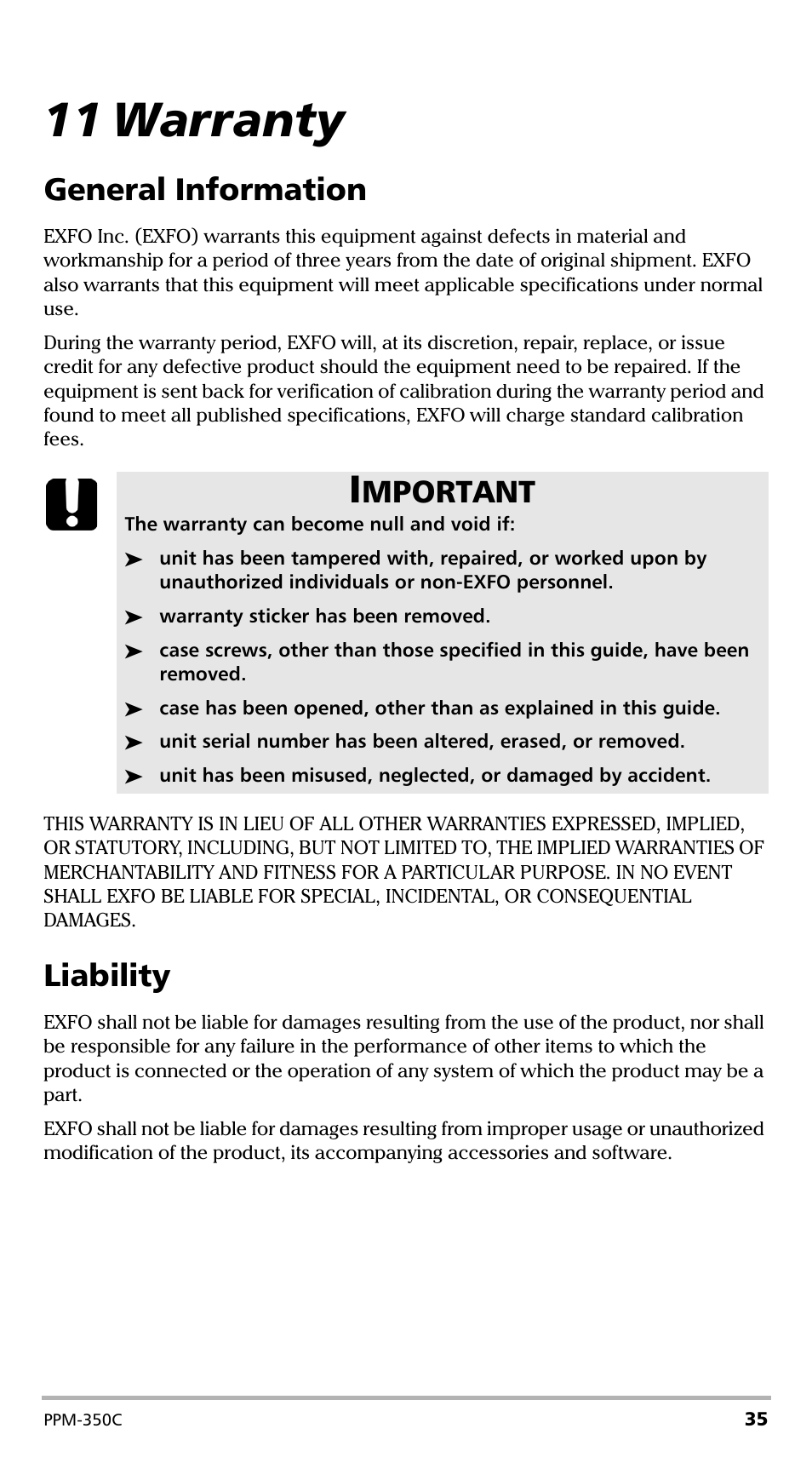 11 warranty, General information, Liability | General information liability, Mportant | EXFO PPM-350C PON Power Meter User Manual | Page 41 / 47