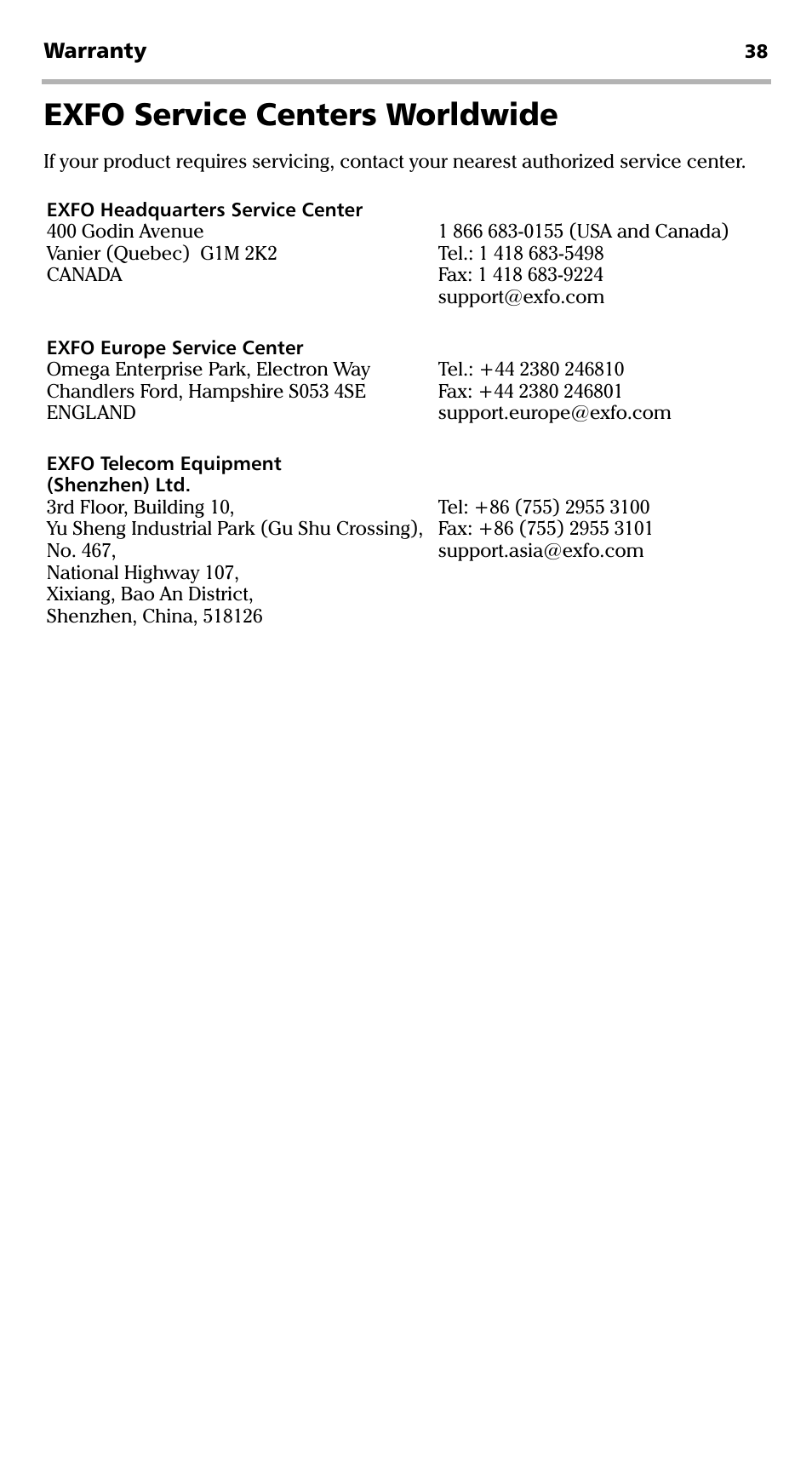 Exfo service centers worldwide | EXFO PPM-350C PON Power Meter User Manual | Page 44 / 47