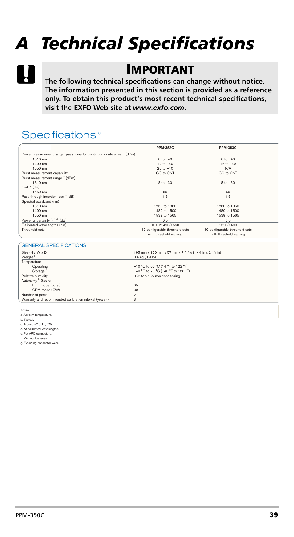 A technical specifications, Mportant, Specifications | Ppm-350c | EXFO PPM-350C PON Power Meter User Manual | Page 45 / 47