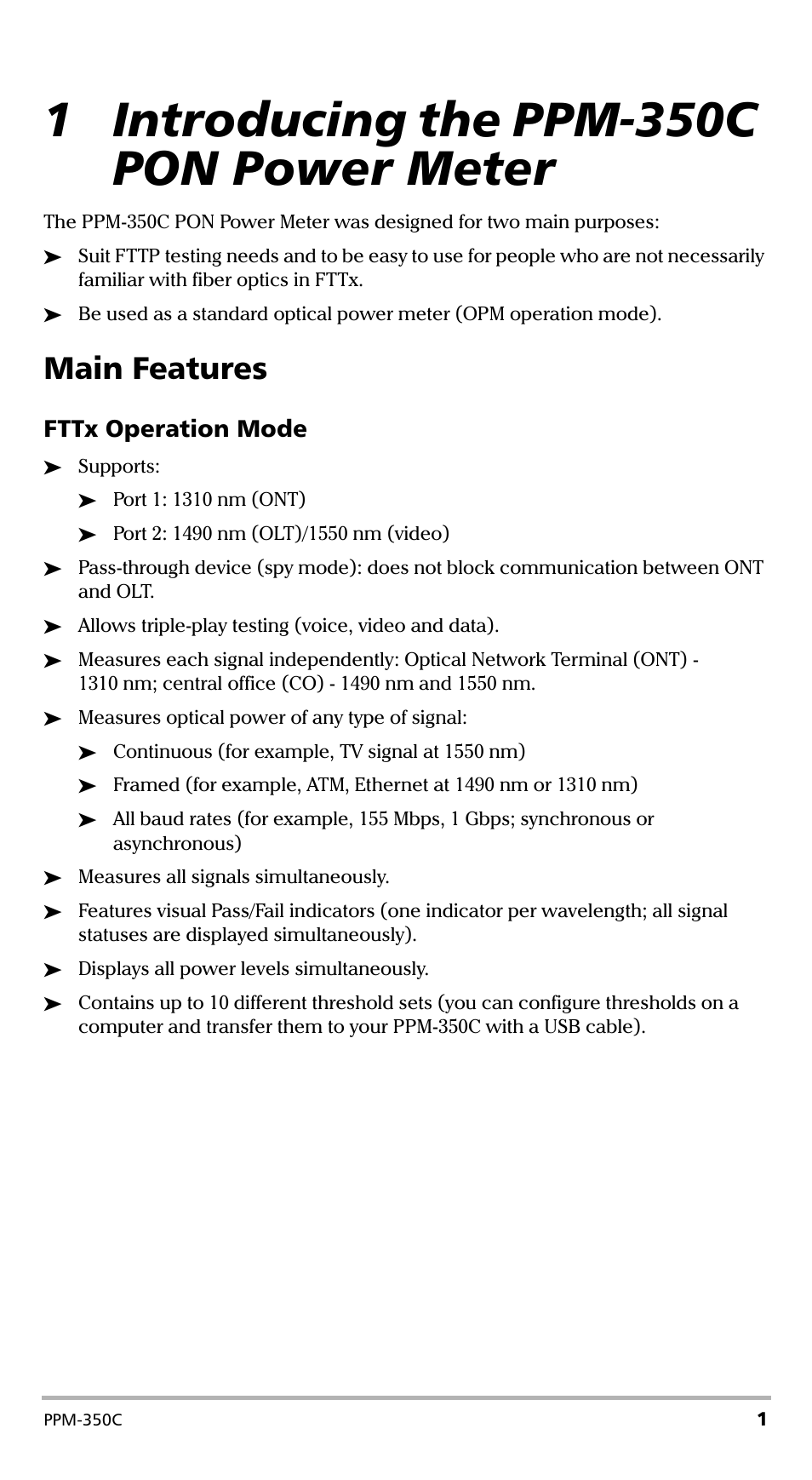 1 introducing the ppm-350c pon power meter, Main features, Fttx operation mode | EXFO PPM-350C PON Power Meter User Manual | Page 7 / 47