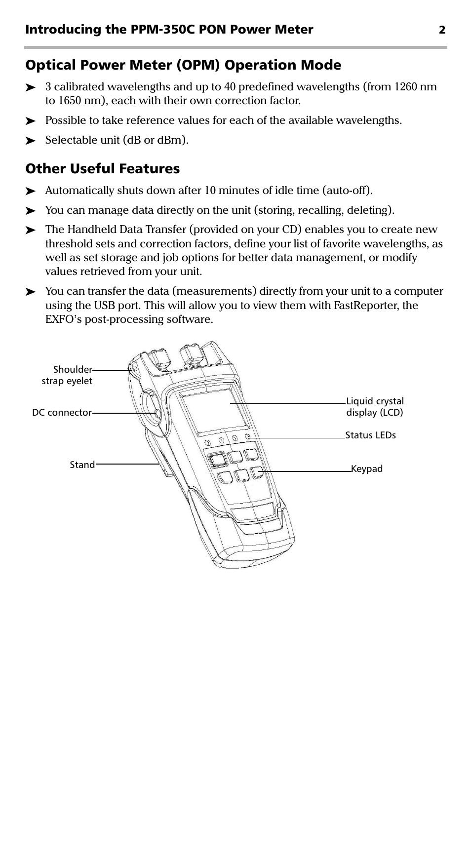 Optical power meter (opm) operation mode, Other useful features, Introducing the ppm-350c pon power meter | EXFO PPM-350C PON Power Meter User Manual | Page 8 / 47
