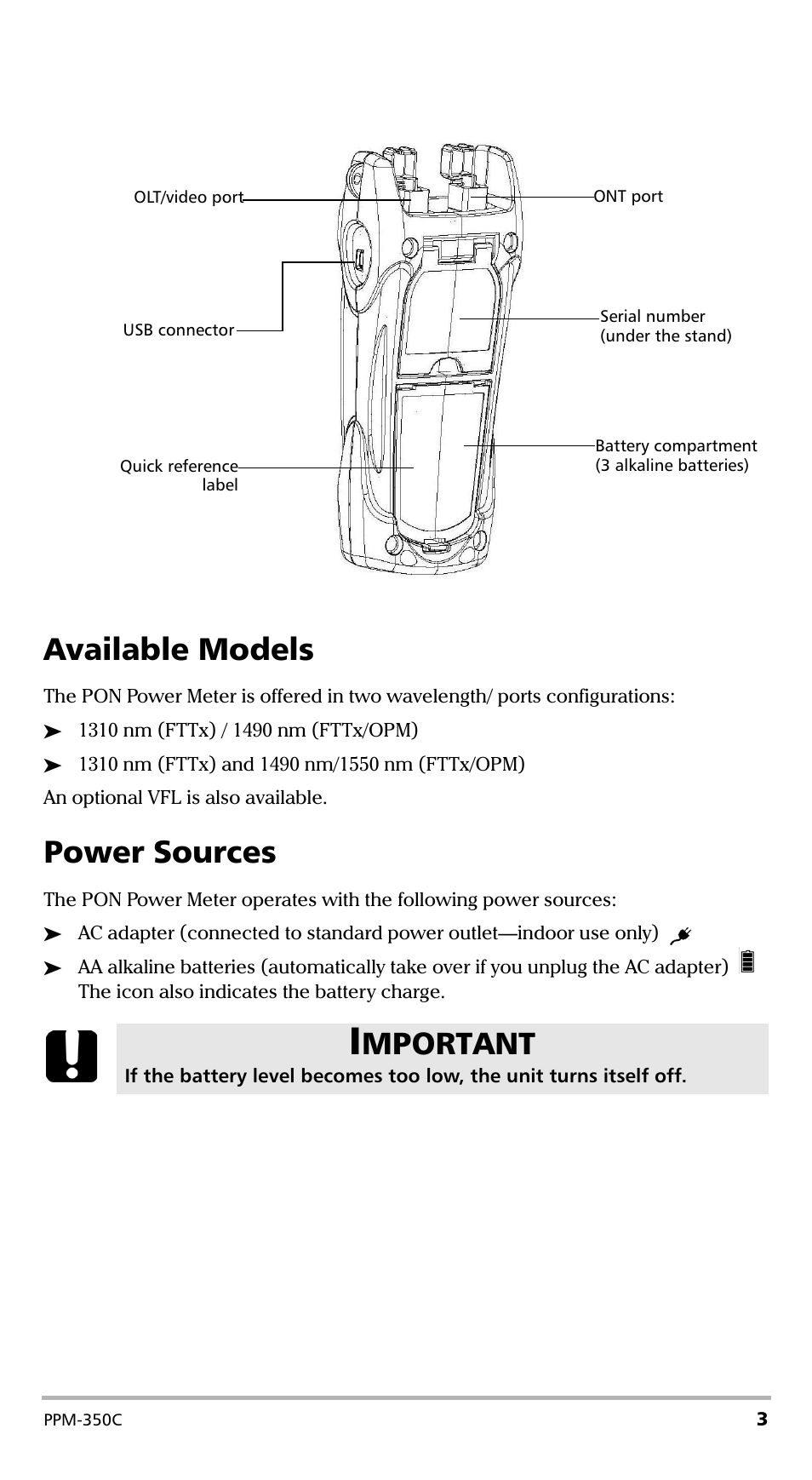 Available models, Power sources, Available models power sources | Mportant | EXFO PPM-350C PON Power Meter User Manual | Page 9 / 47