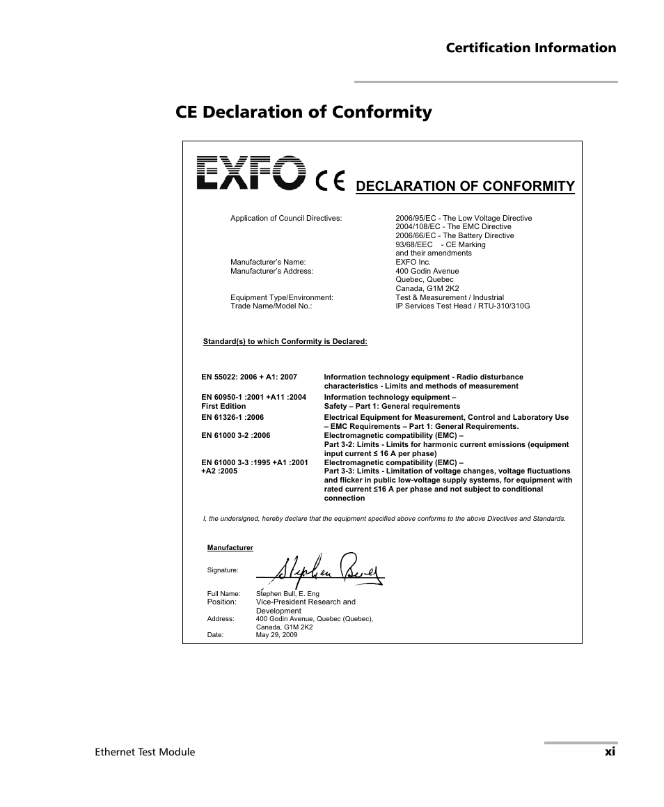 Ce declaration of conformity, Declaration of conformity, Certification information | Ethernet test module | EXFO RTU 310-310G IP Services Test Head User Manual | Page 11 / 547