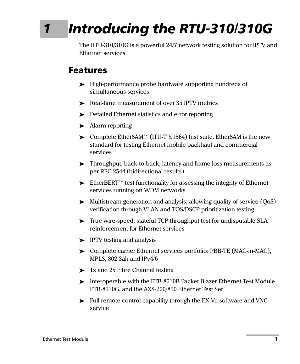 1 introducing the rtu-310/310g, Features | EXFO RTU 310-310G IP Services Test Head User Manual | Page 13 / 547